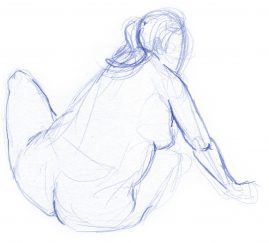 Gesture drawing of a woman sitting, twisting to her right