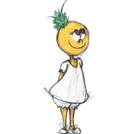 The final character concept design of Ana, the pineapple girl, standing sweetly with her hands behind her back